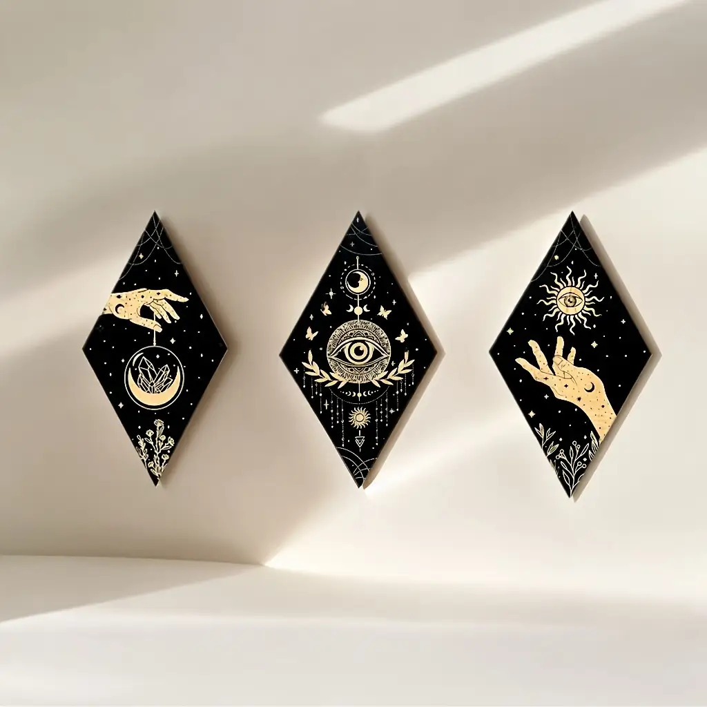 TEMU 2d Flat, 3pcs Modern Minimalist Wood Wall Sculptures - Geometric Diamond Panel Wall-mounted Decor, Suitable For Indoor/ Artificial Wood Paneling
