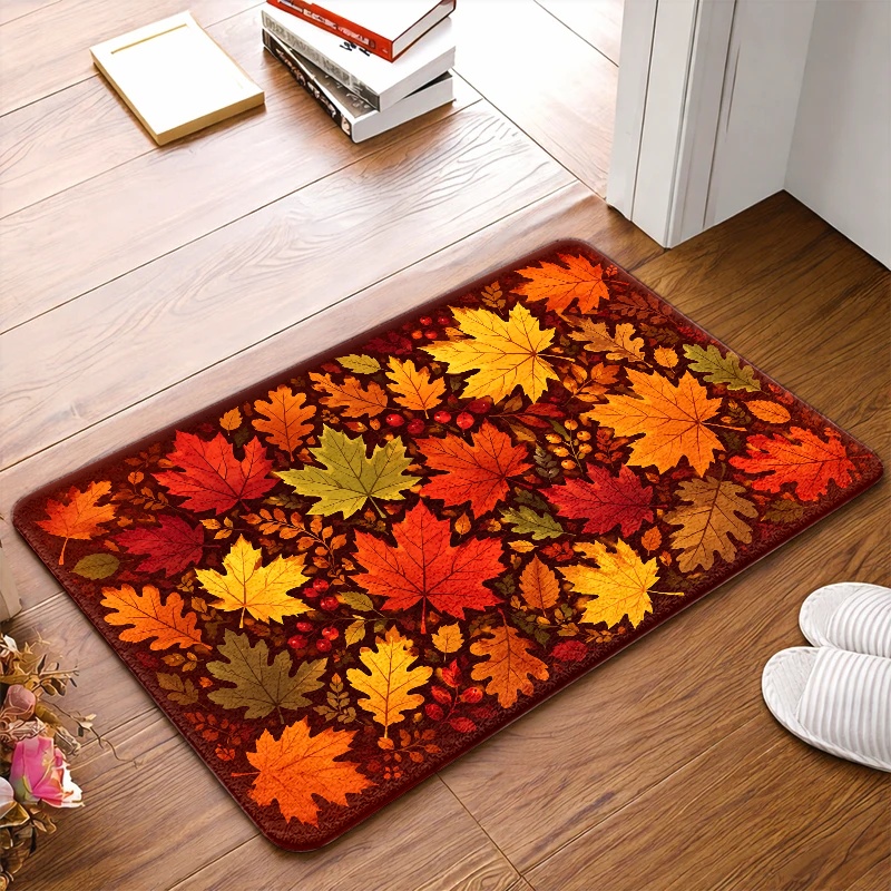 TEMU 1pc Autumn Maple Leaf Pattern Doormat, Flat Printed Entrance Mat For Welcome Area, Thickened, Comfortable, Soft, Washable, Easy To Clean,