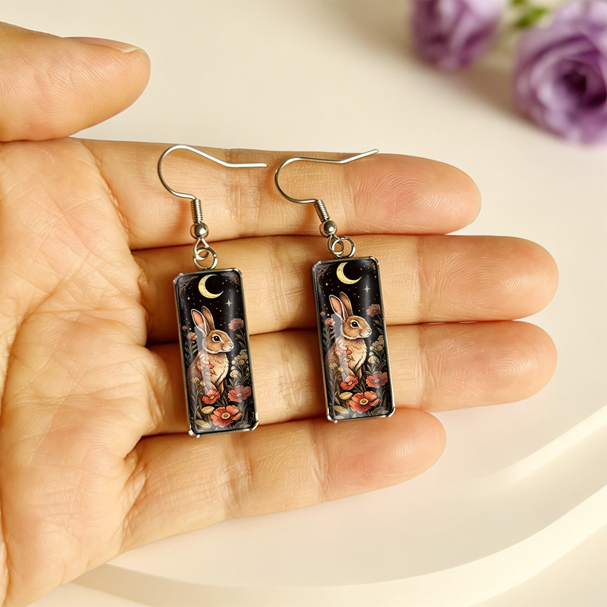 Women's Vintage Hand-Drawn Bunny & Starry Forest Stainless Steel Earrings