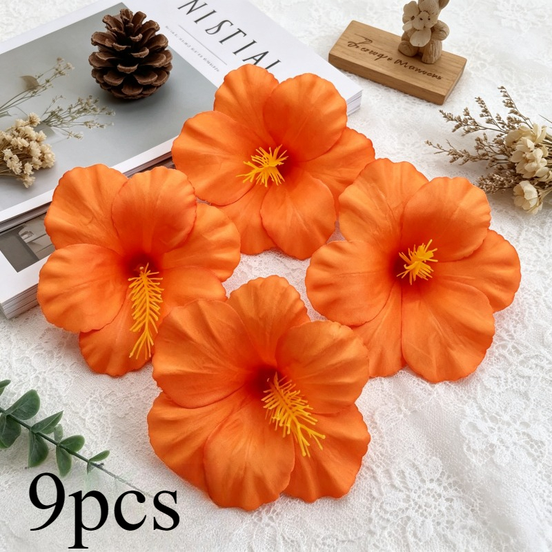 TEMU 9pcs Large Realistic Hibiscus Flowers Artificial Suitable For Diy Crafts, Weddings, Parties, Decor - Vibrant With Foliage, Durable Faux Flowers