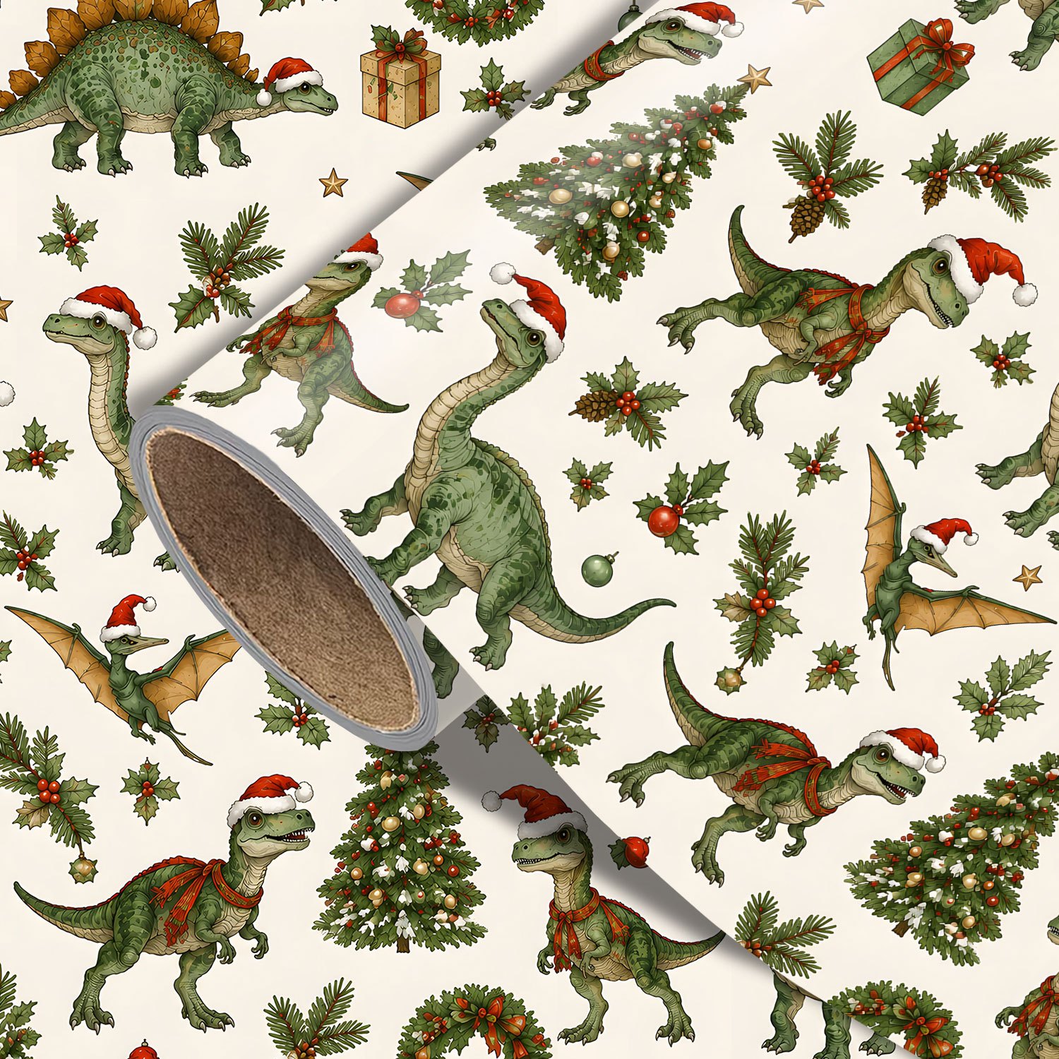 TEMU Rouleau de vintage Noël Dinosaure - 17.7 X 118 pouces, papier d'emballage cadeau de fêtes avec des dinosaures, des de Noël, des couronnes, un
