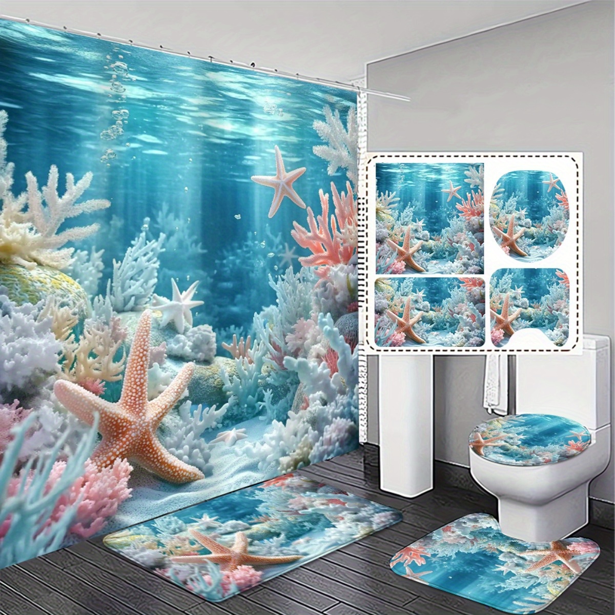TEMU Ensemble rideau de douche, tapis de bain et housse d'abattant de toilette 4 pièces, de sous-marin, plat 2D - Décor de salle de bain antidérapant