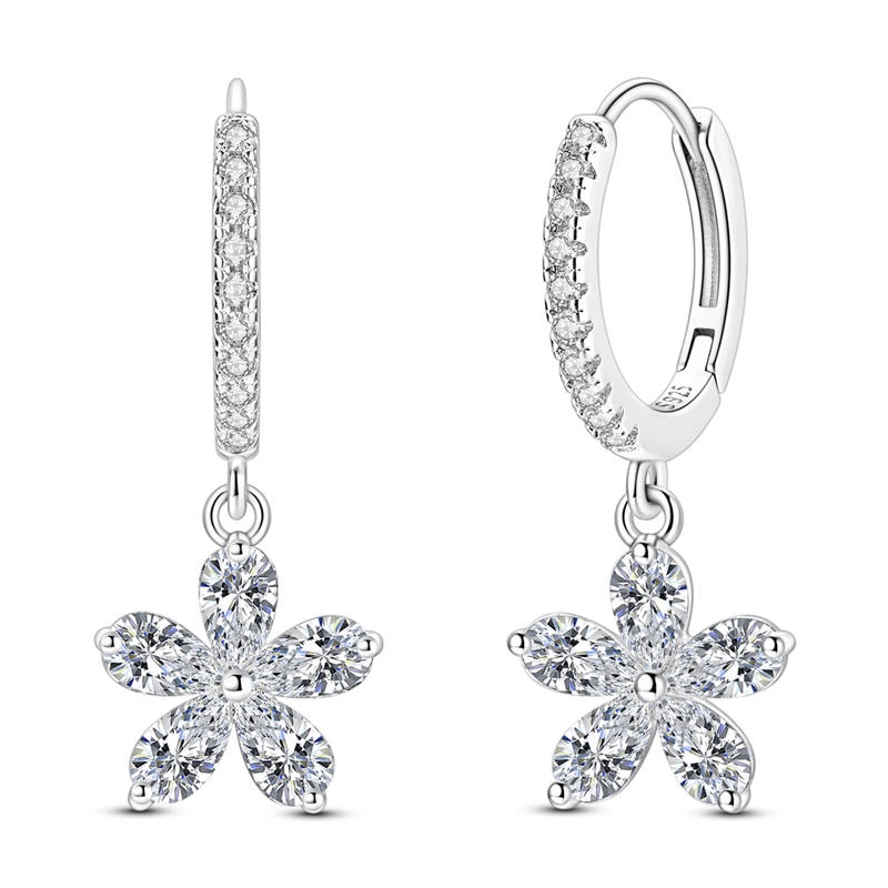 TEMU Sparkling 5-petal Flower Earrings S925 Silver Ear Drop, Exquisite Zirconia Inlaid Pendant, Suitable For Birthday Valentine's Day Women's Classic