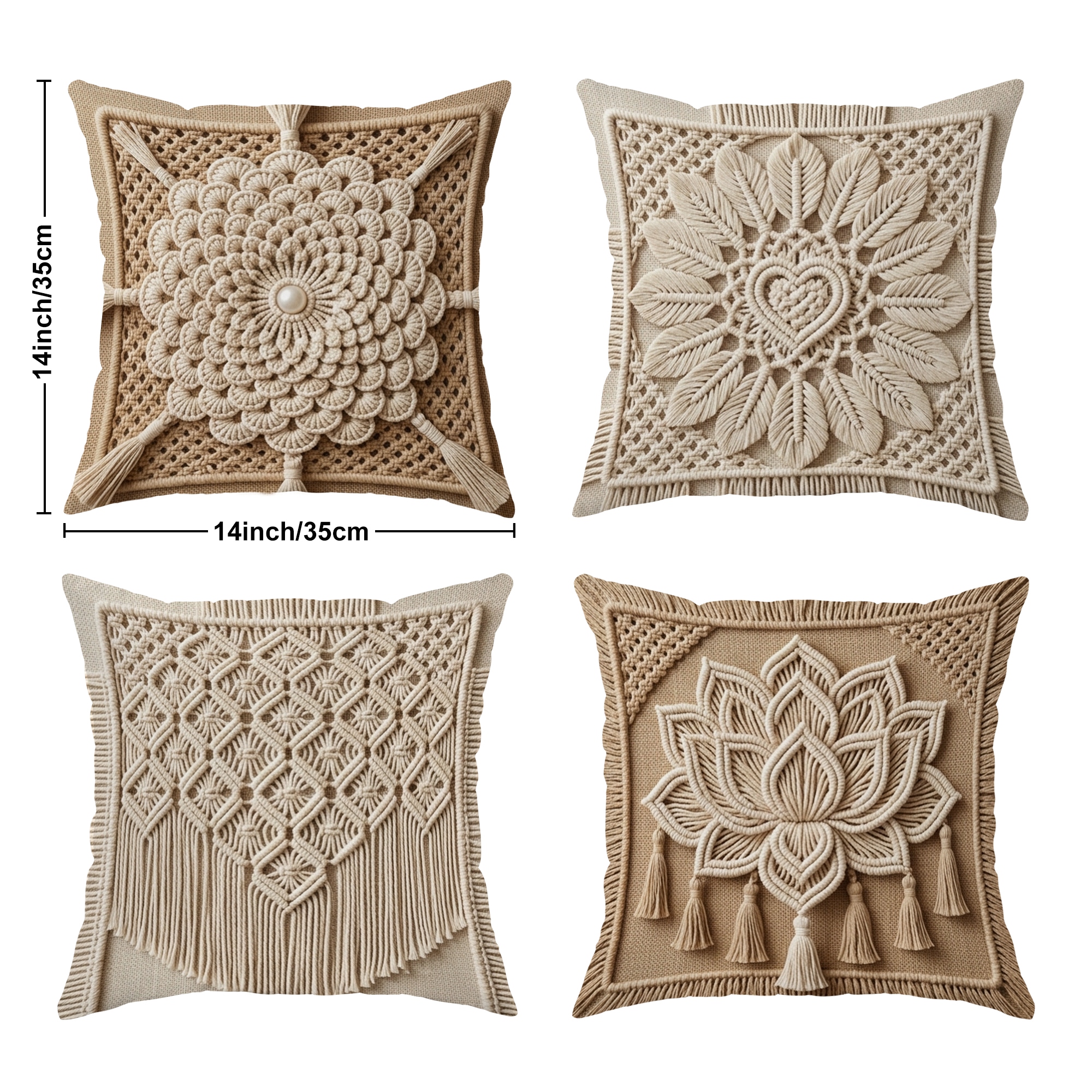 TEMU 2d Flat 4pcs Bohemian Macrame Floral Throw Pillow Covers Beige Cream Decorative Pillowcases One-sided Printing For Living Room Bedroom Sofa Bed