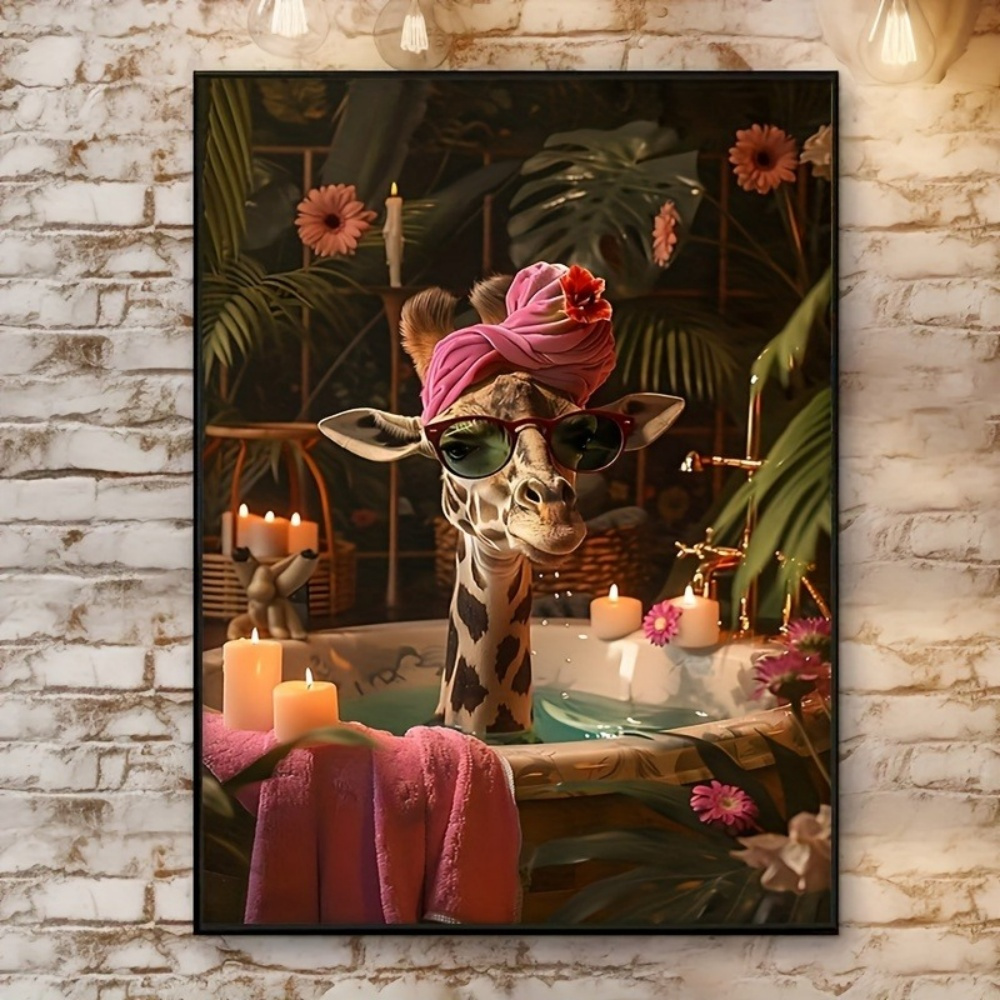 2d Flat, 2d Flat, Fashion Giraffe Bathtub Canvas Art, 12x16 Inches - Frameless Tropical Animal Wall Decor, Suitable For Bathroom, Bedroom, Living Room, And Office, Halloween Christmas Decor