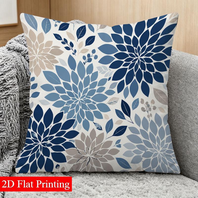 TEMU 2d Flat Printing Decorative Throw Pillow Cover, 45x45cm Double-sided Floral Pattern (blue & Beige On White), Decor For Living Room, Bedroom,