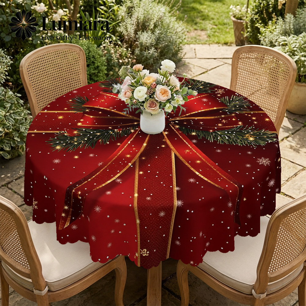 TEMU Runde Tischdecke mit Spitzen-2D-Flachdruck – Roter Hintergrund mit großer Schleife, Kiefernzweigen Schneeflockenmuster, Größen 35,43 Zoll, 49,21