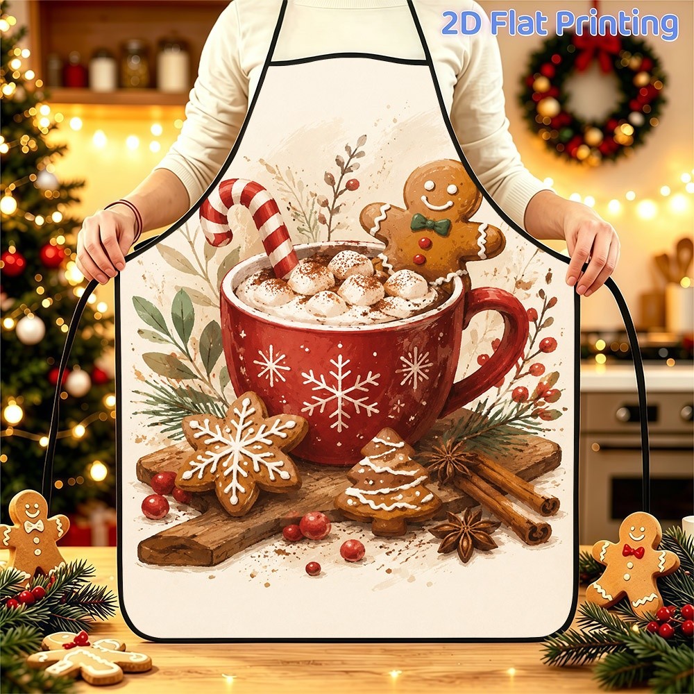 TEMU Tablier 1 pièce imprimé 2D avec ceinture réglable, motif confortable de Noël avec boisson chaude, pain d'épices pour homme et de neige , tablier