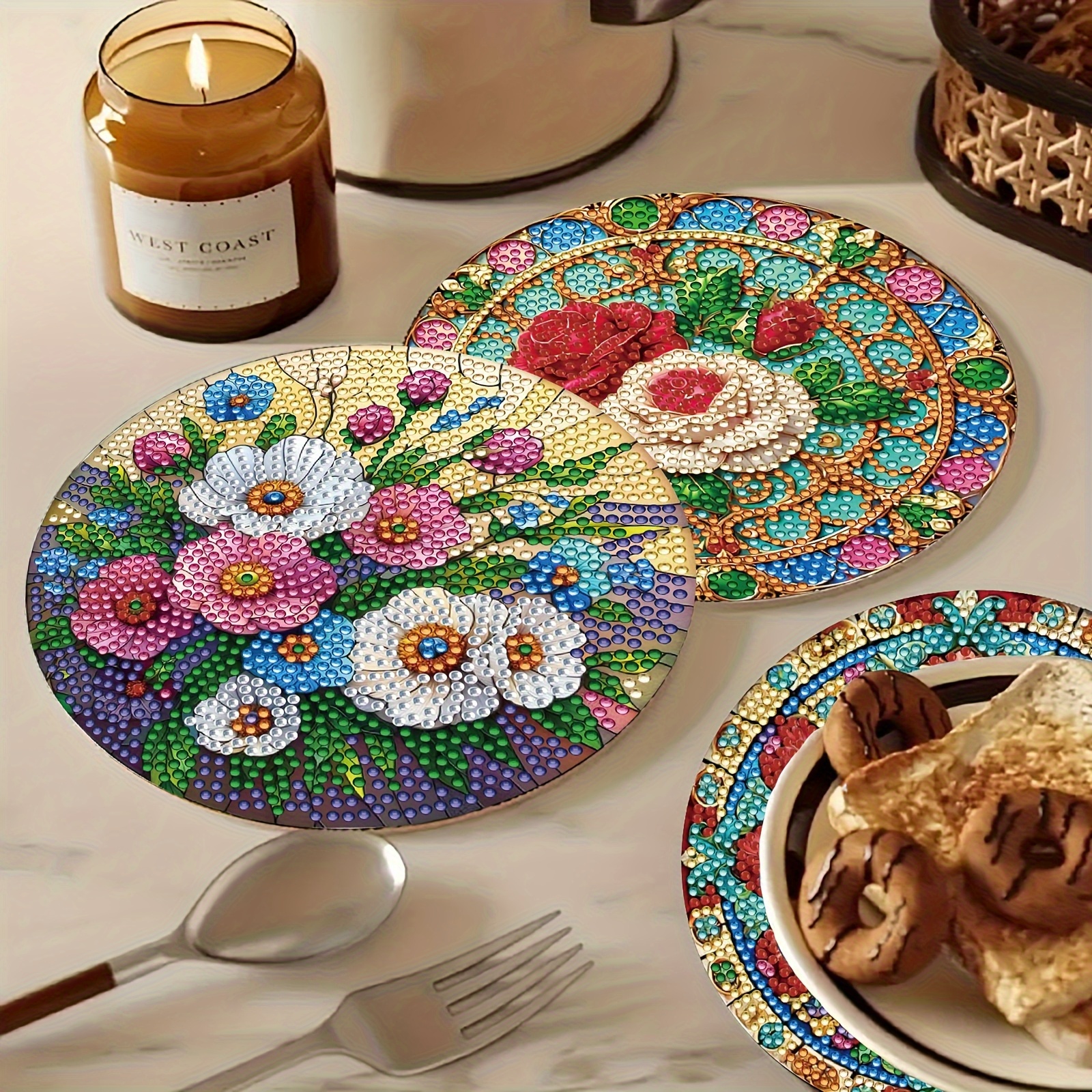 Image of 4pcs Rose Floral Pattern Diamond Painting Placemats, Diy Mosaic Craft Crystal Sequin Heat-resistant Table Mats, Art And Hand Tool Set, Suitable For Or Gift Handmade