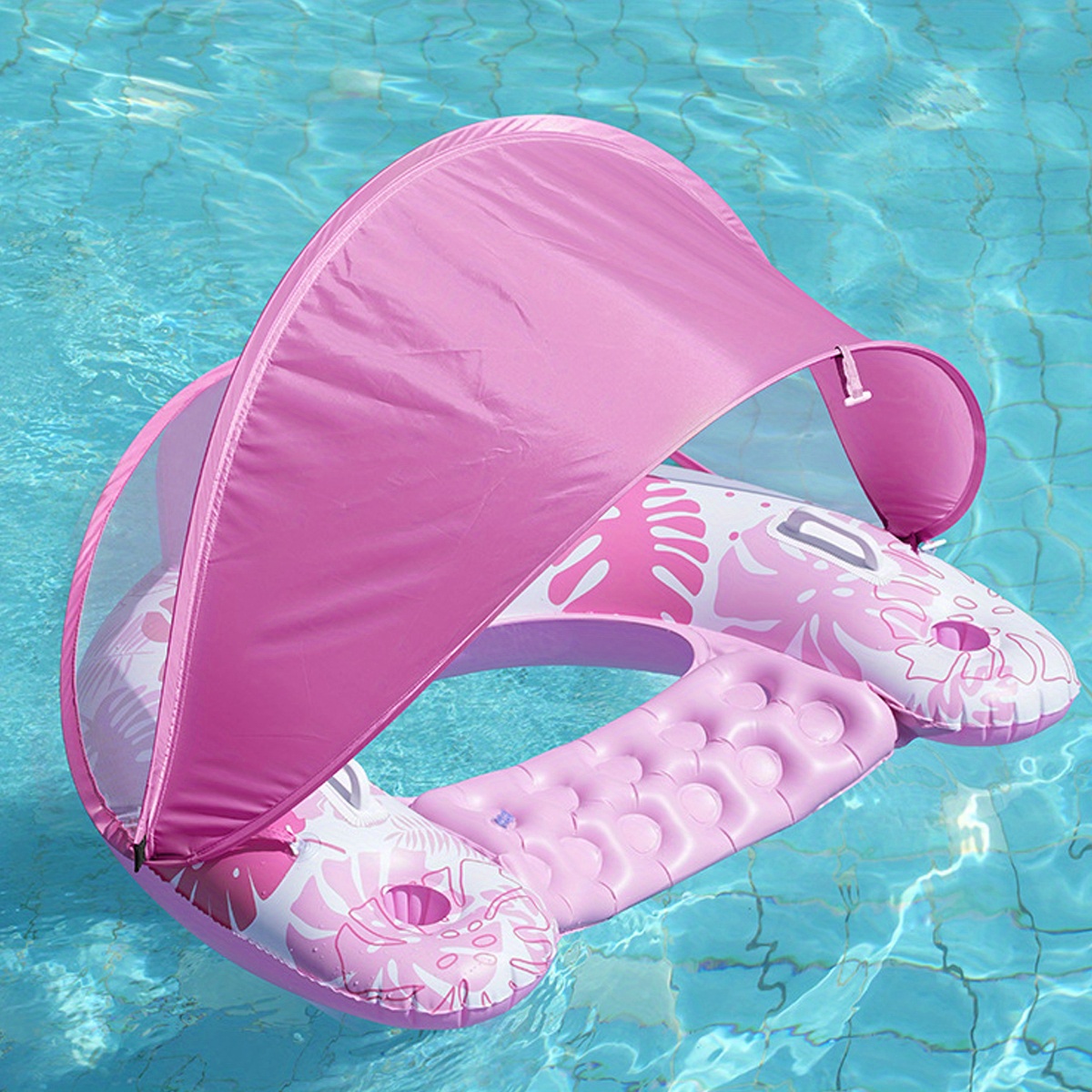 Flotador De Piscina Con Toldo Para Adultos: Sillón Lounge Inflable Con Portavasos Y Protección Solar SPF50+