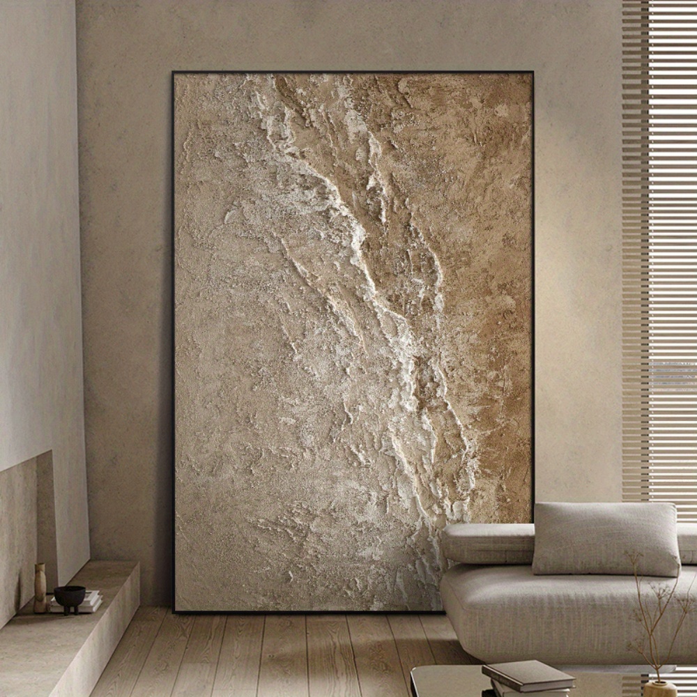 Hand-Painted Modern Minimalist Abstract Oil Painting - Golden & Beige Neutral Wall Art, Designer Style Textured Brushstroke suitable for Living Room, Bedroom, Office - Elegant Wabi-Sabi, Hand-Painted Oil Painting for Modern Interiors