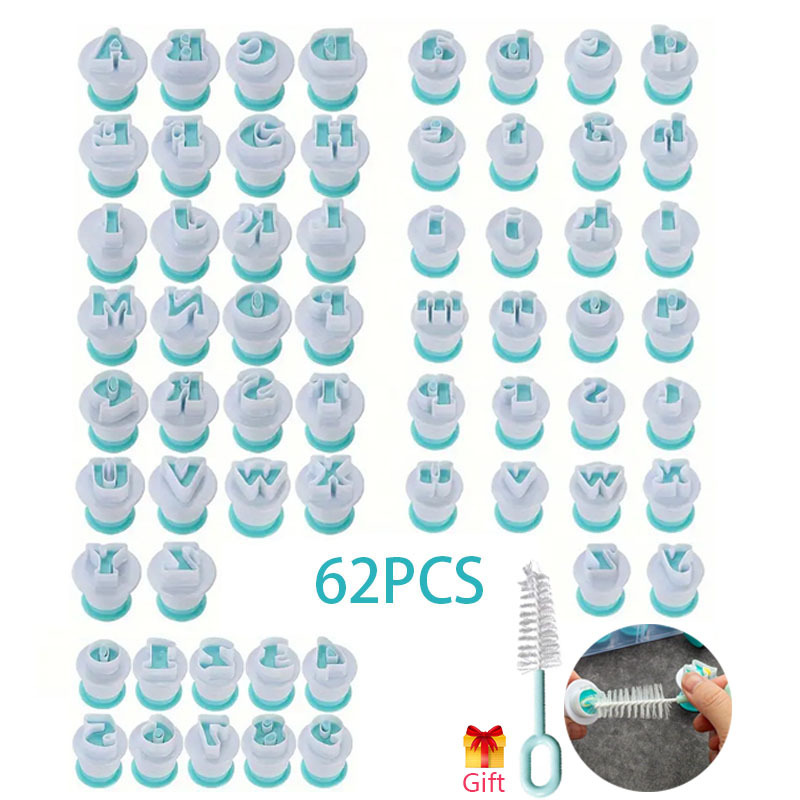 Image of 62pcs Fondant Alphabet Stamp Mold Set With 1pc Brush, Cake Cookie Biscuit Press Cutters With Letters And Numbers, Cake Decorating Essentials For Baking Accessories & Kitchen Supplies