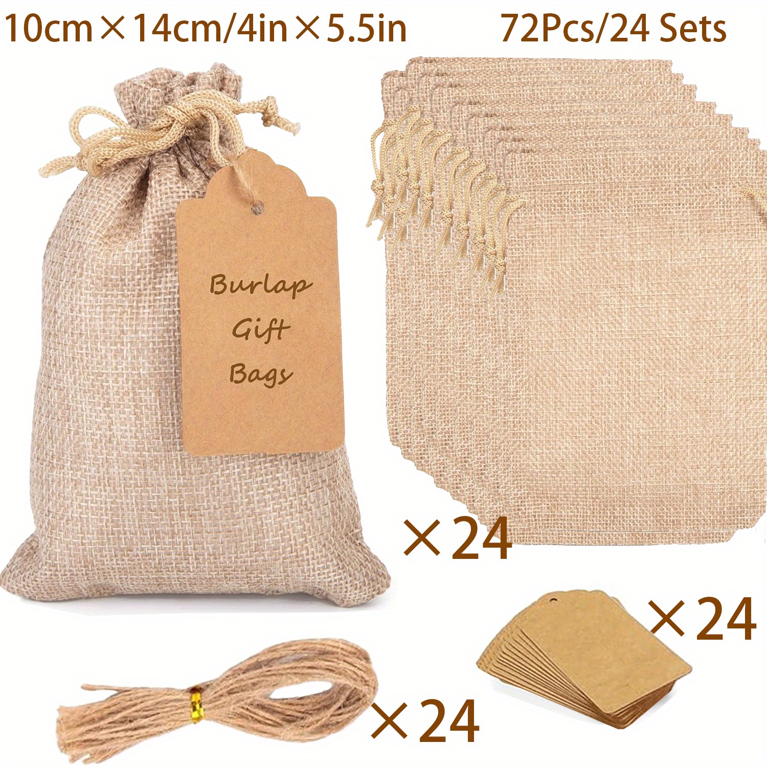 TEMU 72pcs/24 Sets Sacs Cadeaux en Jute avec Cordon de Serrage, pour Sacs Cadeaux de Fête et Étiquettes et Cordons, Sacs en Lin Sacs Cadeaux de