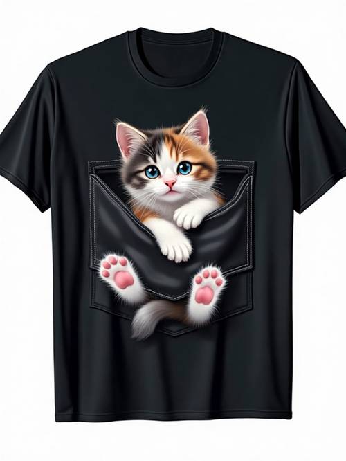 mens ladies cute pocket t shirt soft 100 cotton loose short sleeves round neck vintage pattern t shirt with face and paw print design casual clothing cat lovers birthday gift black for men and women size