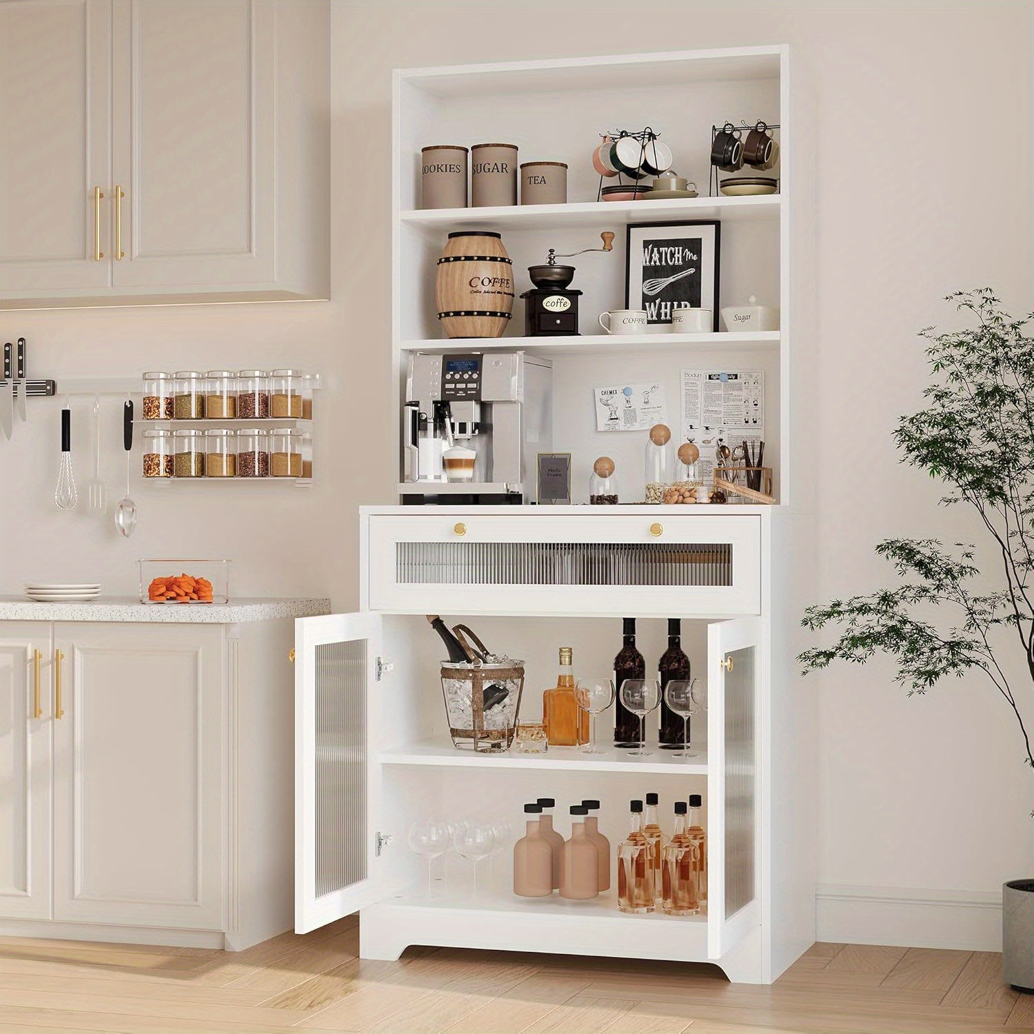 Gabinete de cocina * de 62\u0026*; con gran encimera, puertas de vidrio y  estantes ajustables - Estilo * para almacenamiento de microondas, image size:1500x1500