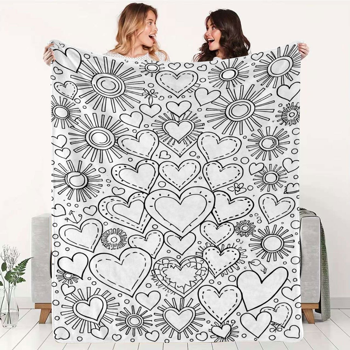 TEMU Flannel Color-blocking Art Pattern Blanket With Black And White Line Drawing Of Hearts And Suns, Blanket That Colored , Suitable For Various