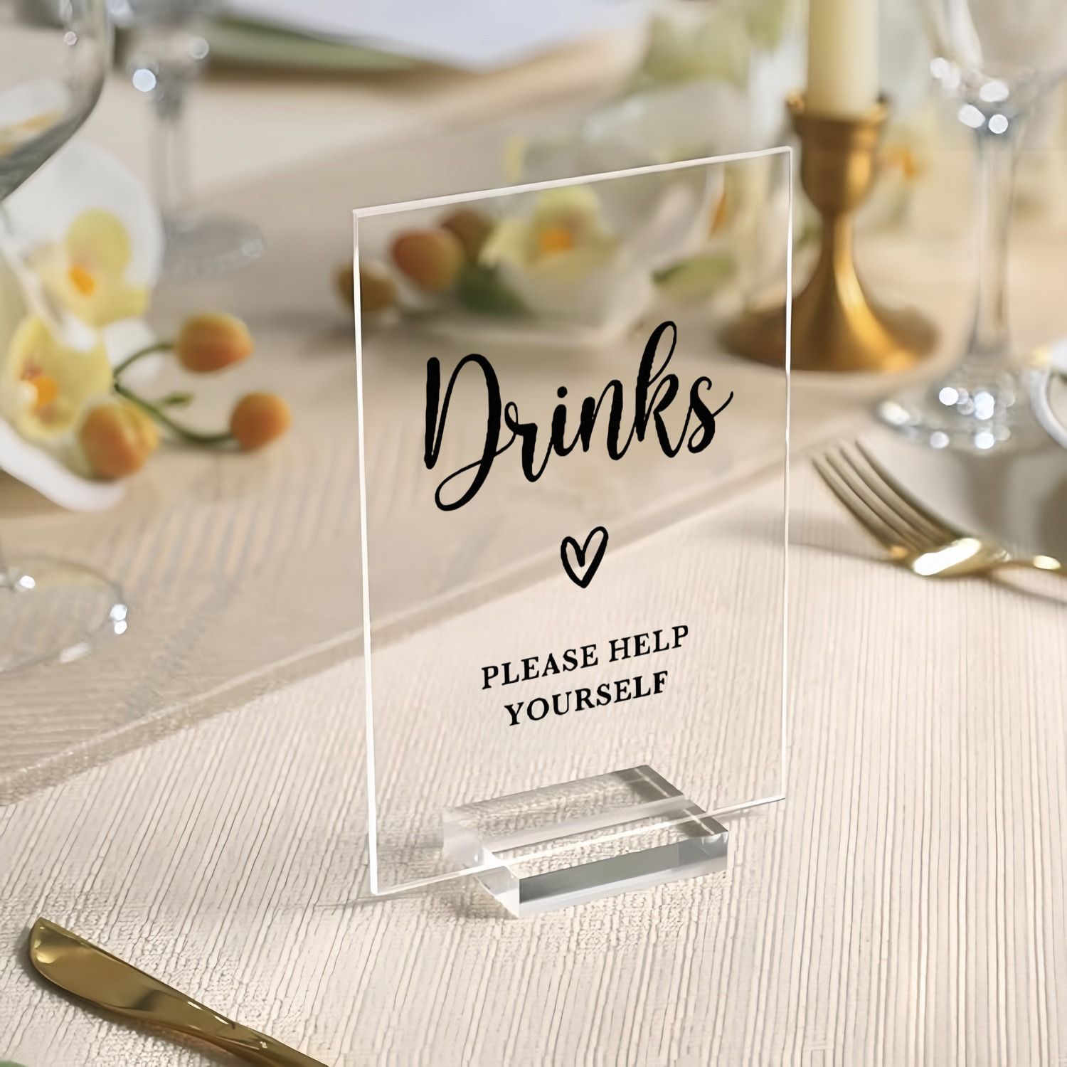 TEMU 2d Flat, Clear Acrylic Drinks Sign With Stand - Modern Self-serve Beverage Board Suitable For Weddings, Parties, Receptions, Bars | Minimalist