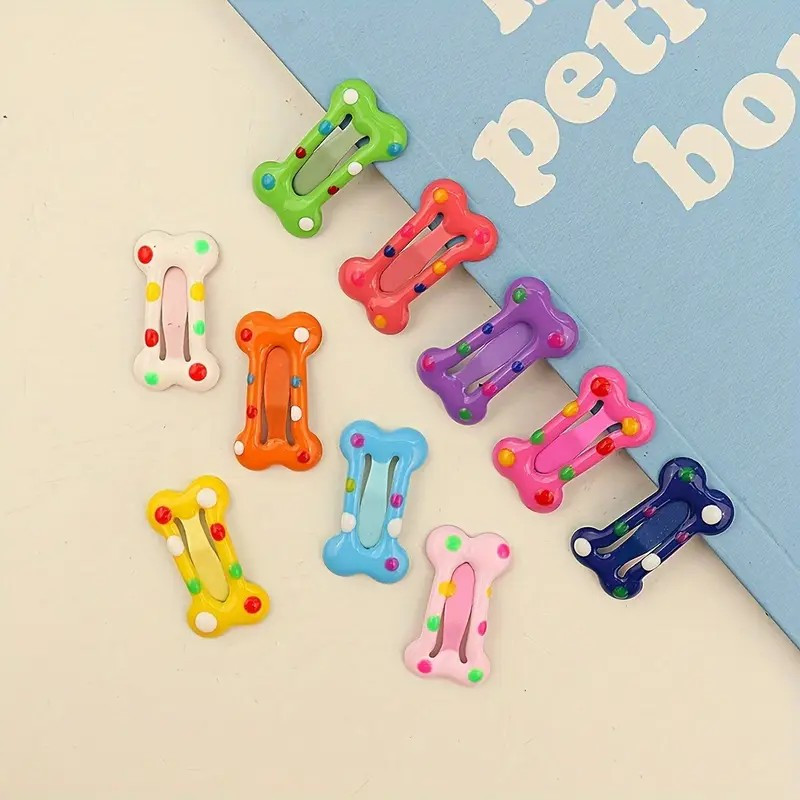 TEMU 10pcs Colorful Hair Clips - Cute Polka Dot & Bone Design Pet Grooming Accessories For Puppies And Small Dogs, Vibrant Plastic Hair Clips For
