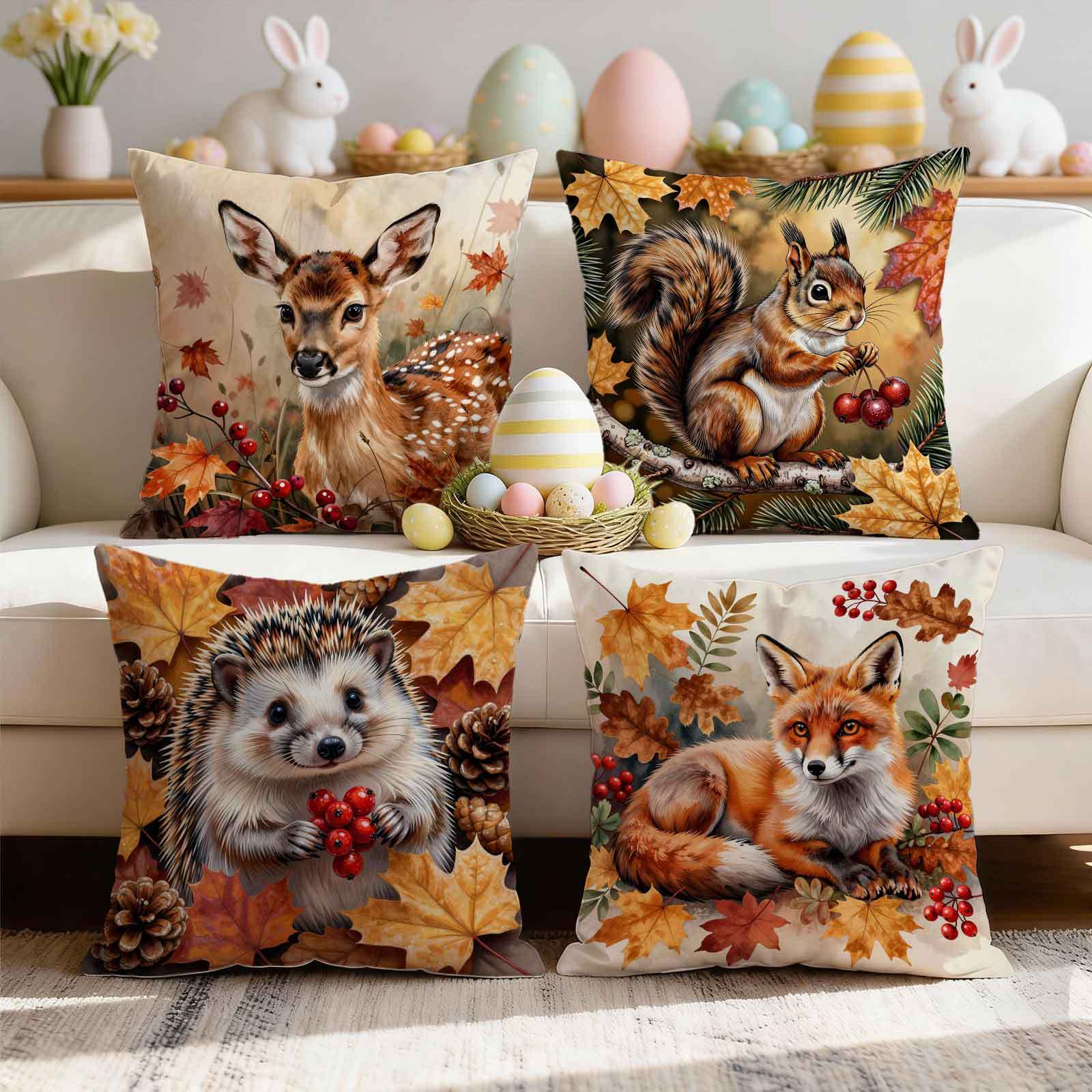 TEMU 4pcs 2d Flat Print Woodland Cushion Covers Suitable For - Adorable Fawn, Squirrel, Hedgehog & Fox With , Pinecones & Berries, Zippered Removable
