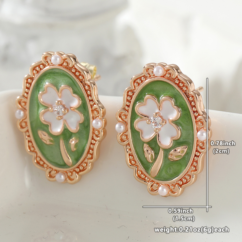 Women's Elegant Retro Green Enamel Floral Oval Stud Earrings