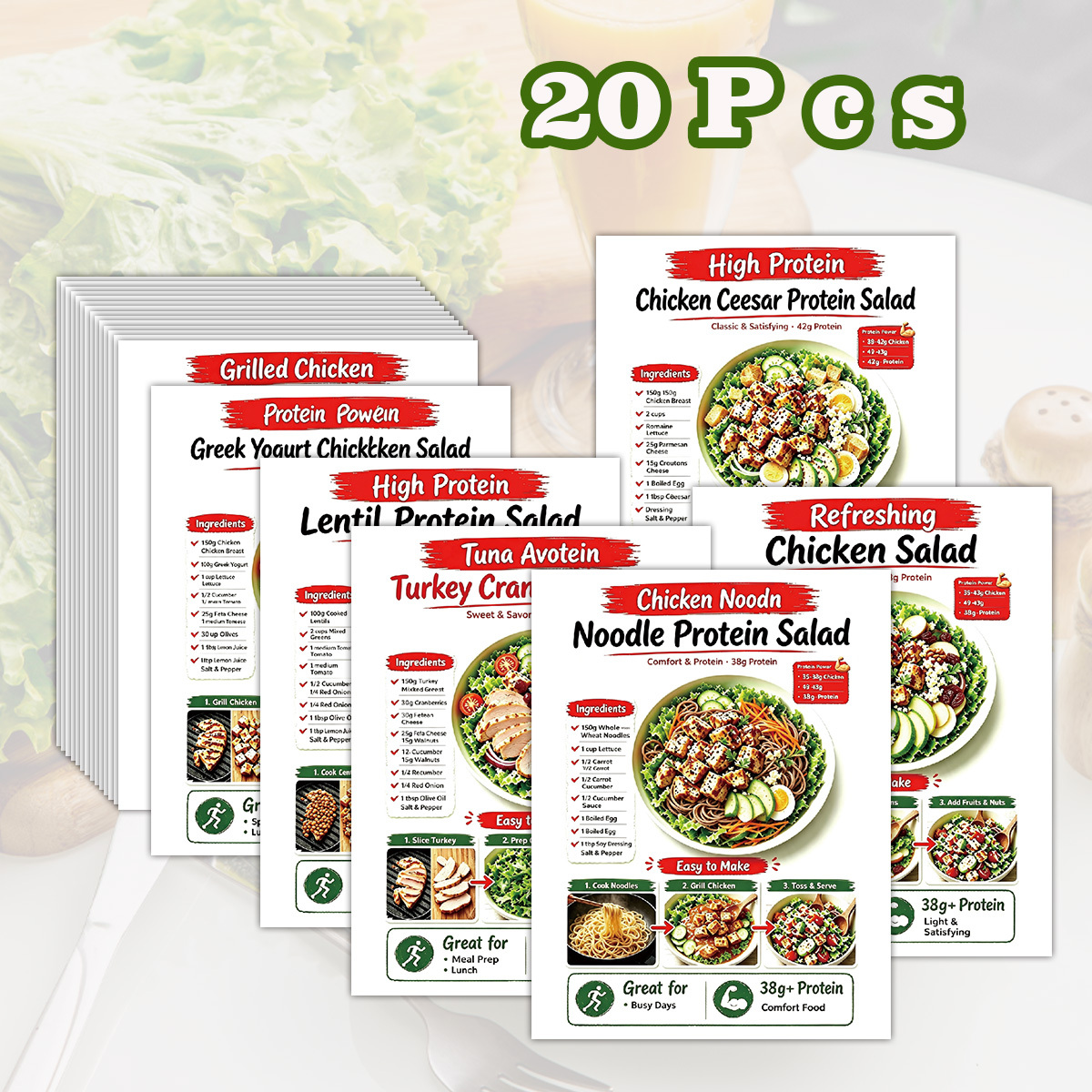 TEMU Lot de 20 cartes de recettes de salades riches en protéines pour fitness et préparation de repas - Livre de recettes de salades riches en
