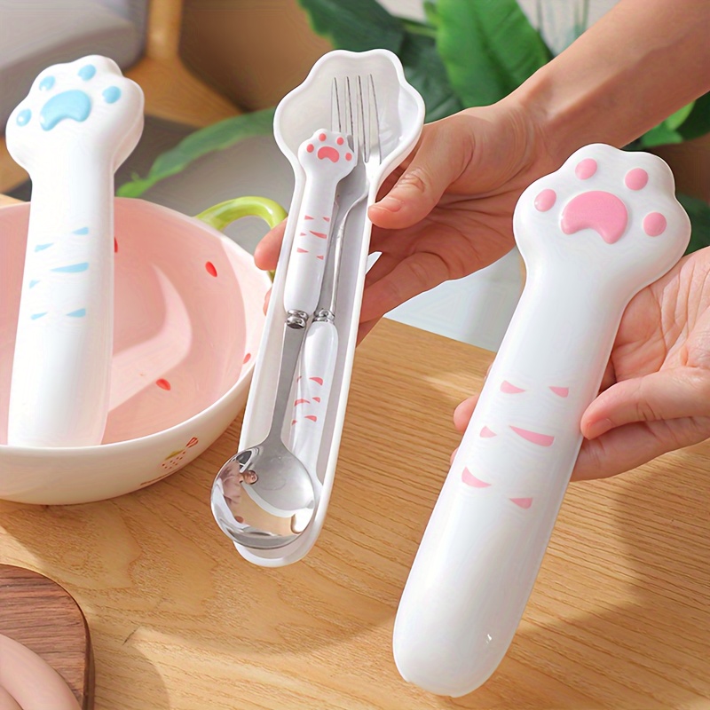 2pcs stainless steel outdoor cutlery set with cute cat paw case - portable reusable  , compact travel utensils with ergonomic grip & polished   for camping, picnic, hiking, school, work - durable & hygienic design, ideal for adults & ( ), durable plastic handles, fitness enthusiasts, school  , picnic essentials, stylish flatware, teardrop spoon,   cooks, healthconscious   Product details 4