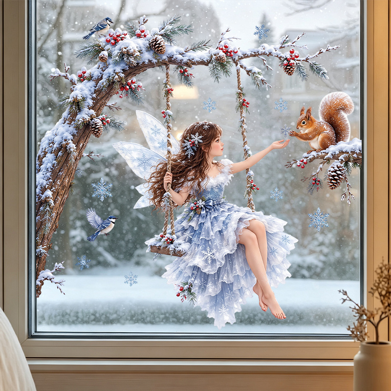 TEMU 1 exquisiter statisch haftender Winter-Weihnachts-Fensteraufkleber mit einer Frostfee im Spitzenkleid, mattierten Kiefernzweigen, roten und