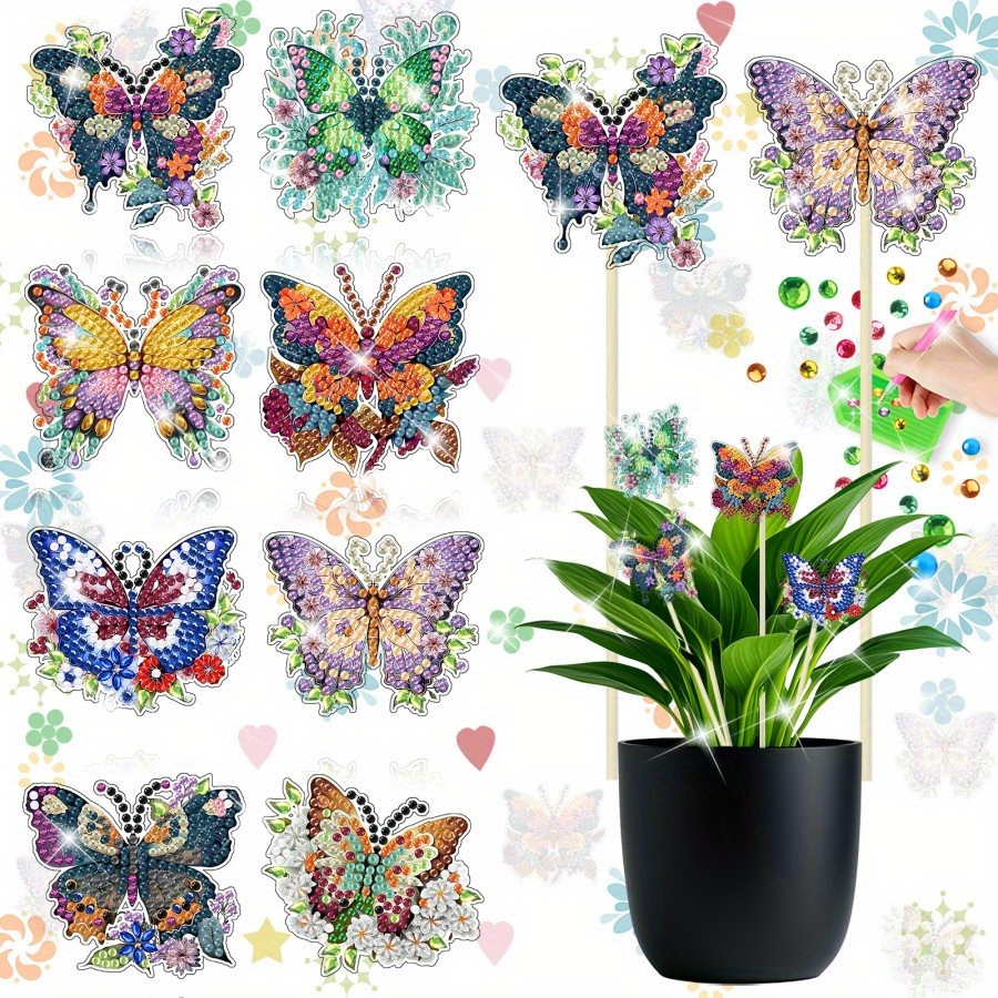 E-shop 8-teiliges Set, 2D-Flachdruck-Diamantkunst-Blumenvase mit Blumenmuster, handgefertigte Kunst-Blumenvasenstäbchen mit Schmetterlingsmotiv,