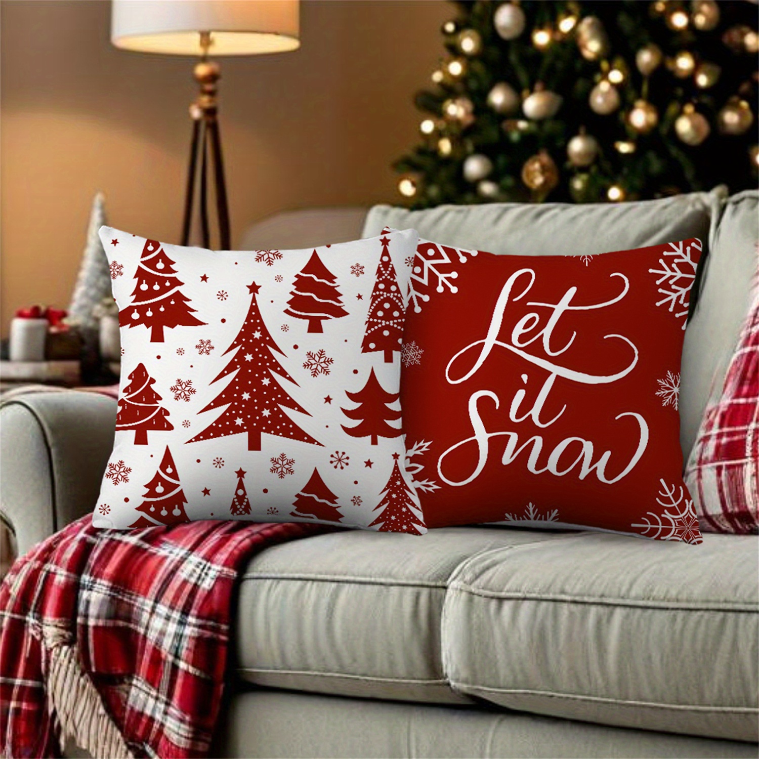 4pcs Christmas Throw Pillow Covers - Merry Christmas Christmas Tree Snowflake Christmas Ornament Designs, Zip Closure, Farmhouse Winter Holiday Decorative Cushion Case for Bedroom Sofa Couch