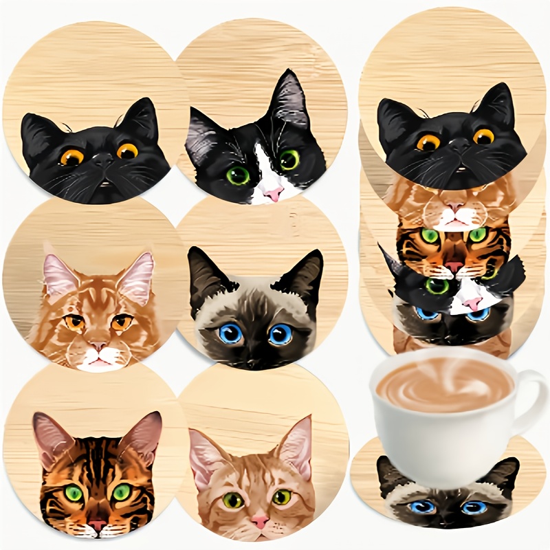 TEMU Juego de 6 posavasos de madera con diseño de gatos, tapetes de mesa resistentes al , bases antideslizantes para bebidas, con medidas de 10X10 cm