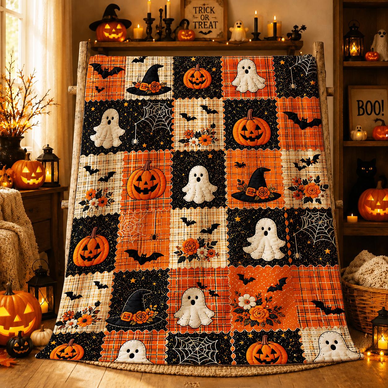 TEMU 1 Vintage Halloween Throw Blanket, Suitable For The Living Room,, And Sofa- Made Of Soft Flannel Material, Featuring An Orange Plaid Pattern