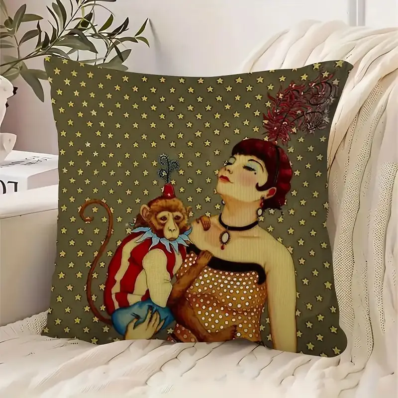 1pc retro style abstract animal print plush pillowcase, double-sided design, hand wash only, zipper closure, polyester fiber, bedroom, sofa, living room, car decorative cushion cover- 18x18 inches(no insert), decorative pillow, elegant woman & monkey portrait , -century decor Product details 0