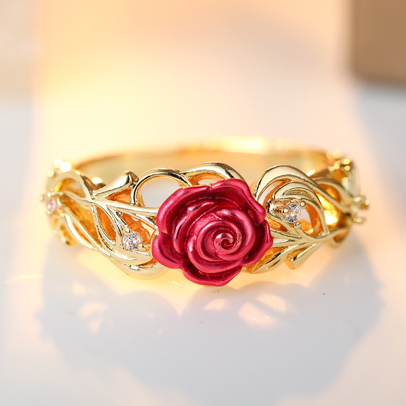 Vintage Red Enamel Rose Ring with CZ Grape Vine Design