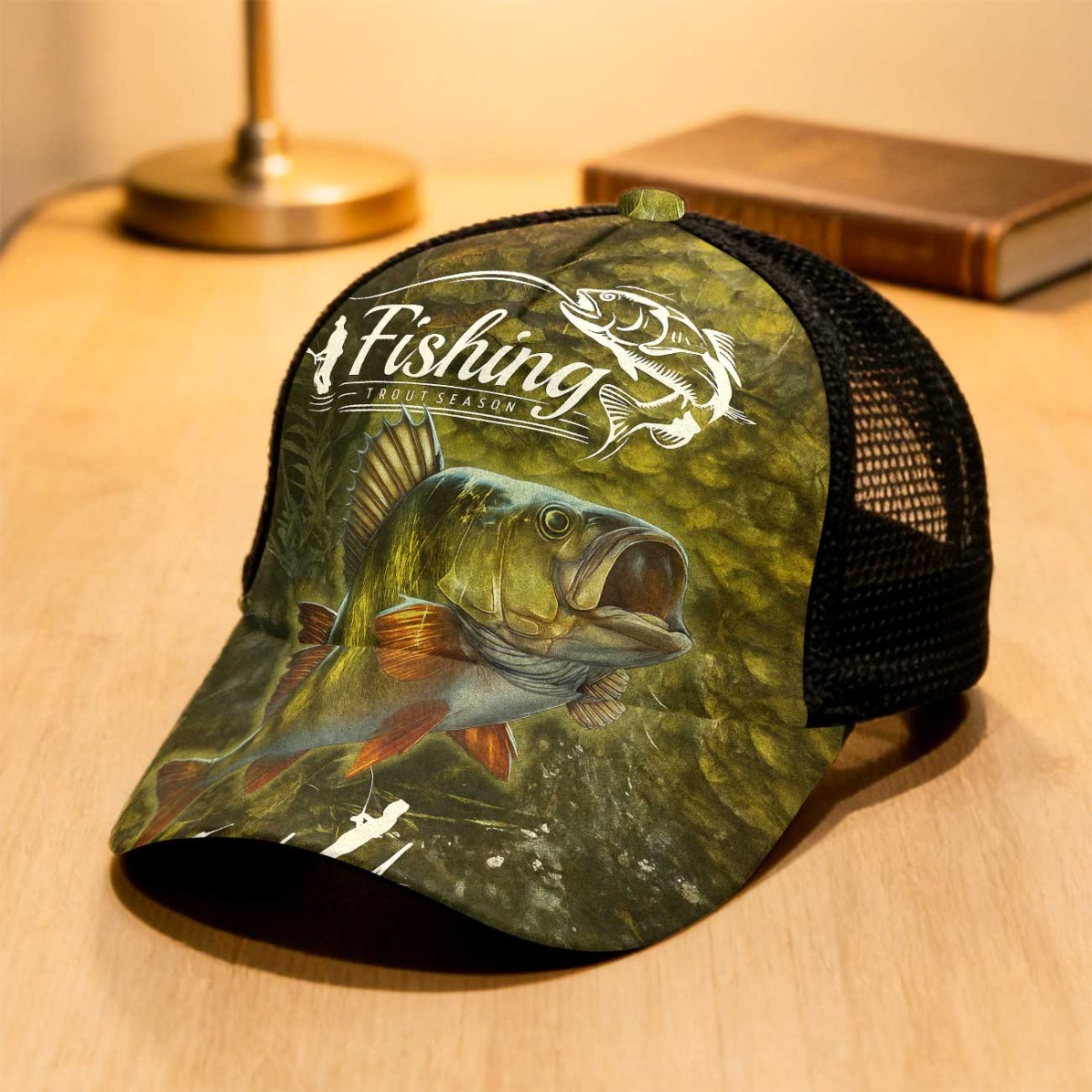 TEMU 1pc With Fishing Life Trout Season Print Adjustable Snapback Cap Mesh Cap Versatile Non-stretch Fabric Versatile Christmas Parties Gift For