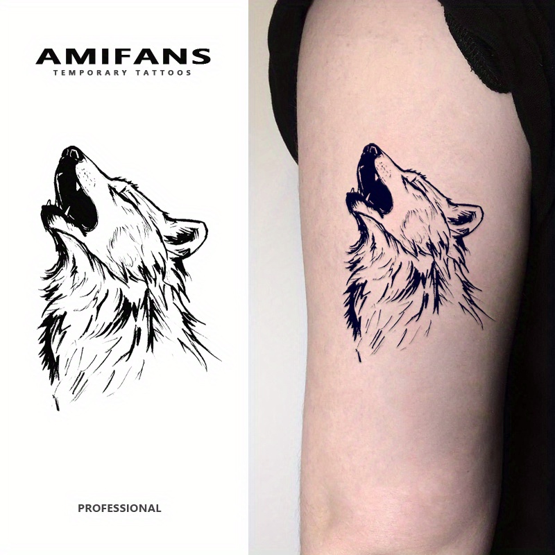 3 Sheets Realistic Wolf Temporary Tattoos - Semi-permanent, Navy Blue Ink, 3.2'' X 3.9'', Lasts 1-2 Weeks, For Adults, Perfect For