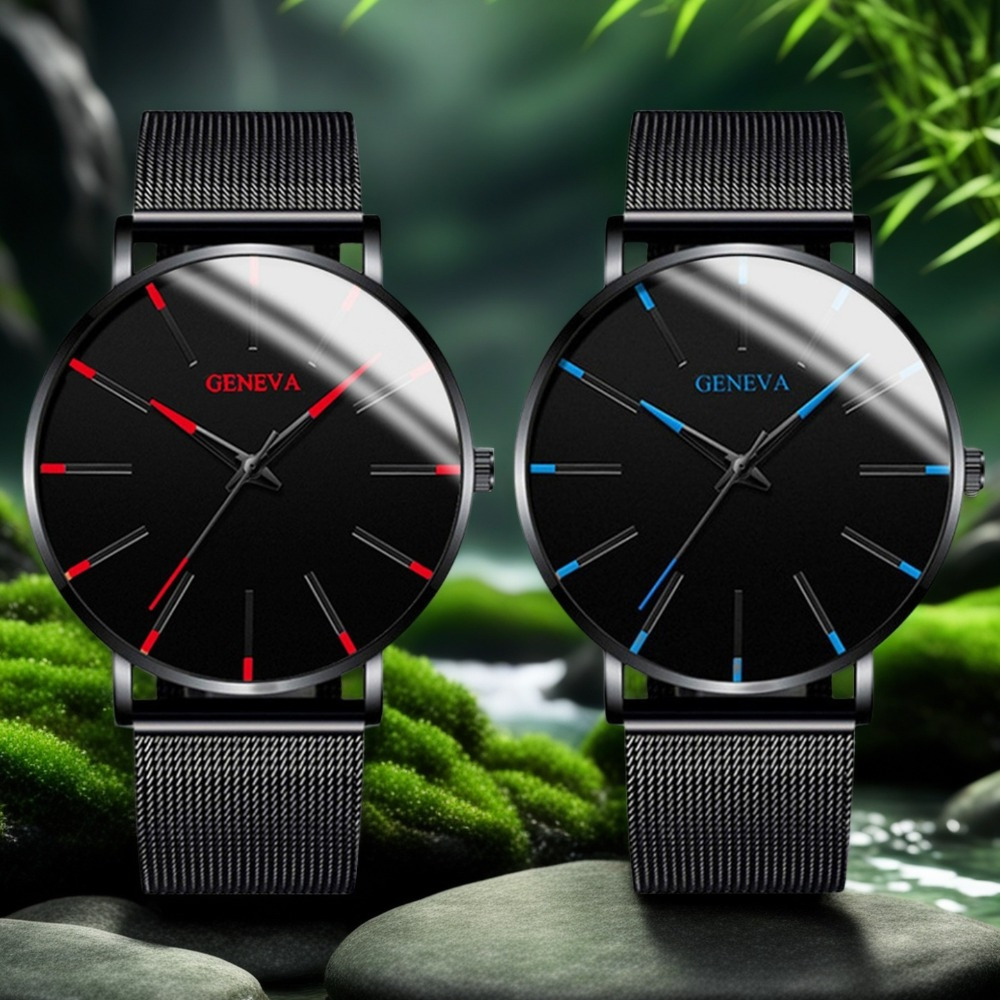 TEMU 2pcs Business Casual Quartz Watches With Display, Accent , Black Case & Mesh Band - Versatile For Office & Casual Outfits, Perfect Christmas Birthday Gift