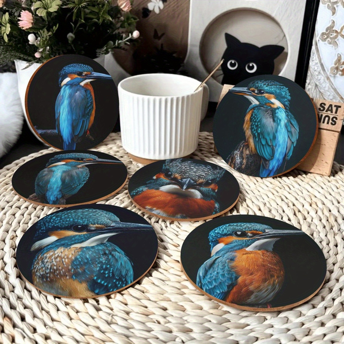 TEMU Gift For - 2d Flat Printed Set Of 6 Kingfisher Pattern Coasters - And Orange Non-slip Surface Protectors. Suitable For Hot Water Cups, Mugs, And