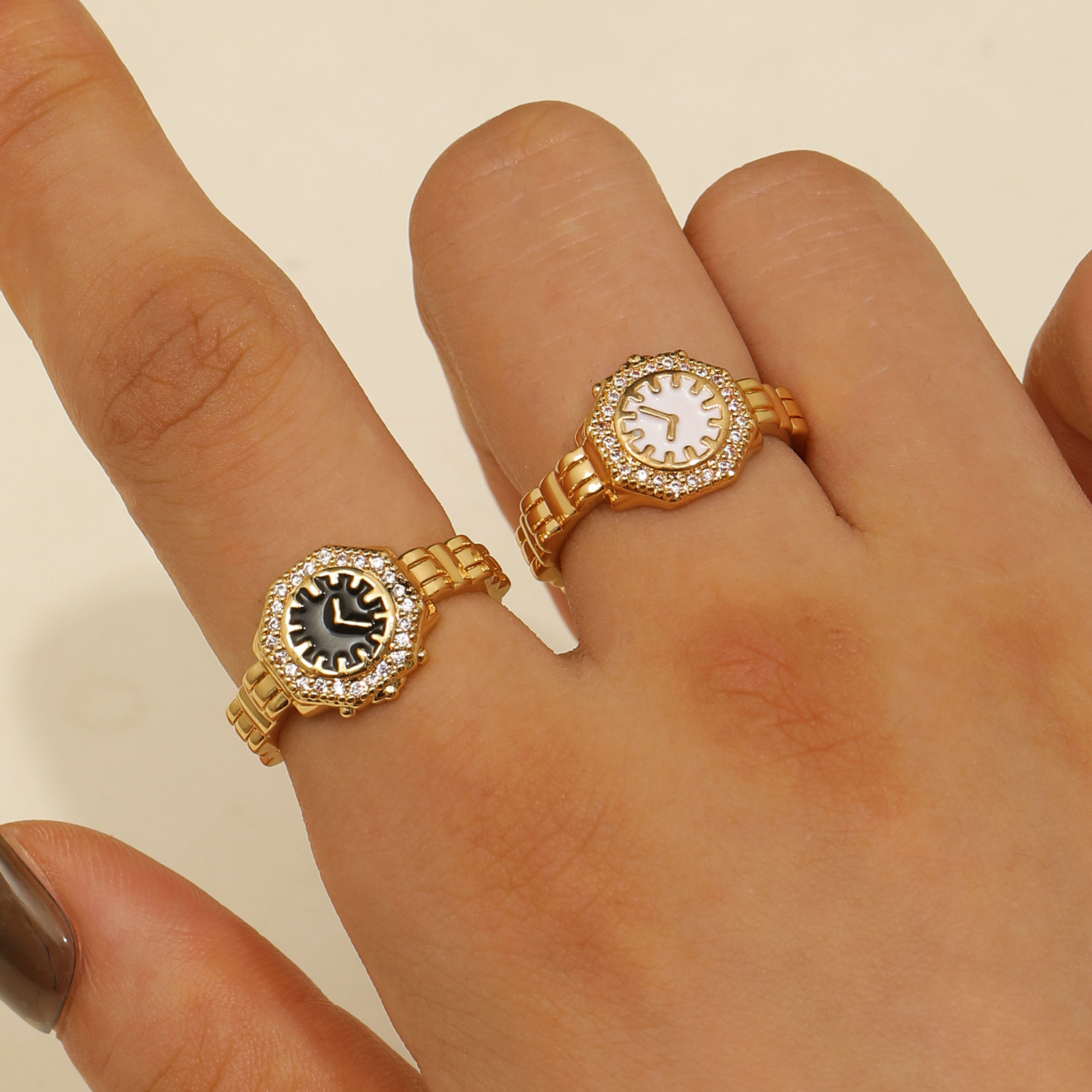 E-shop 2er-Set: Vintage, modische, trendige, exquisite schlichte Uhr Ring für Damen mit achteckigem Zifferblatt, funkelndem synthetischem Zirkonia