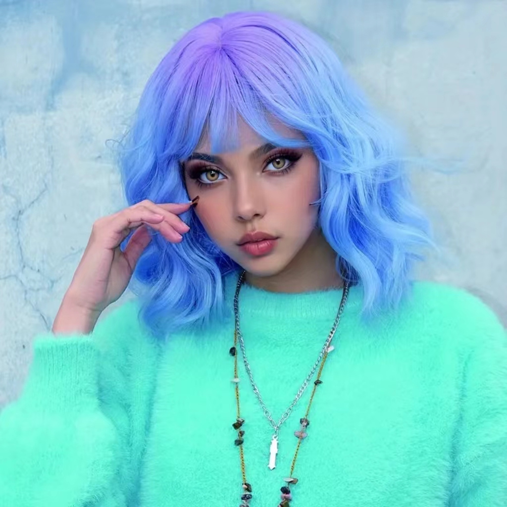 TEMU [rainbow Curly Hair Wig] 14-inch Rainbow Curly Hair Wig With Bangs - Synthetic Use Wig For Cosplay Or Party Photos