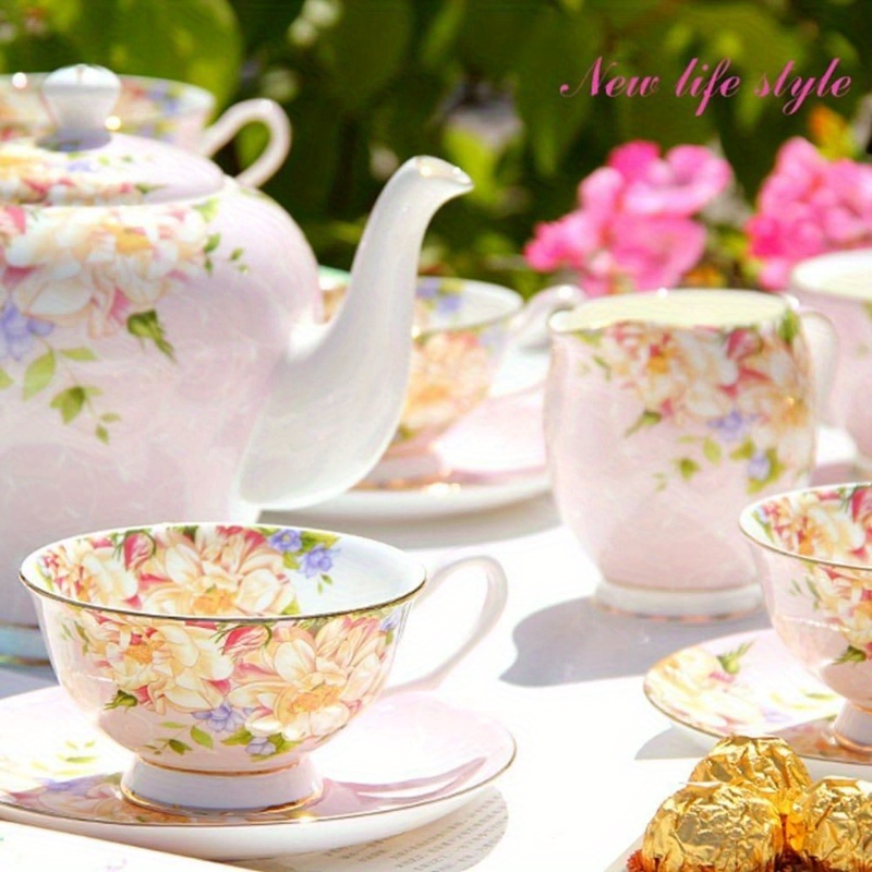 1pc vintage floral bone china tea cup and saucer set - elegant pink & golden english teacup with saucer, 7oz delicate pastel colors (pink, green, blue, yellow, white) for women s  , birthday, mother s day gift, hand wash only, dainty tableware for  , flower tea cup Product details 4