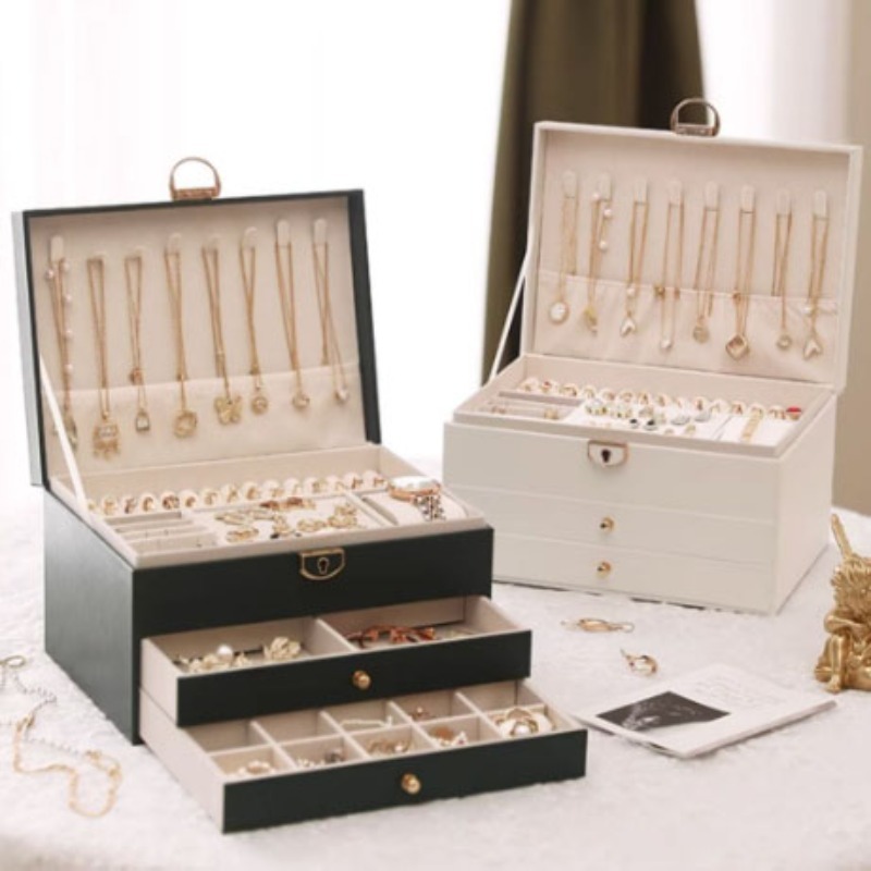 item picture christmas three tier jewelry storage box with lock multiple compartments earring and ring slots elegant womens jewelry organizer home jewelry boxes