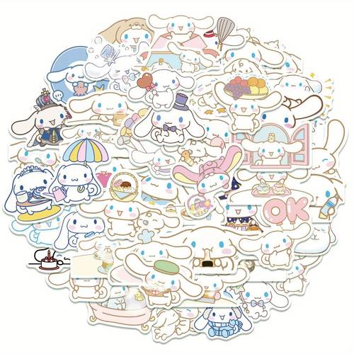 50 sheets of pvc stickers featuring sanrios decorating laptops water bottles fridges books luggage helmets skateboards cameras and guitars with adorable cartoon designs