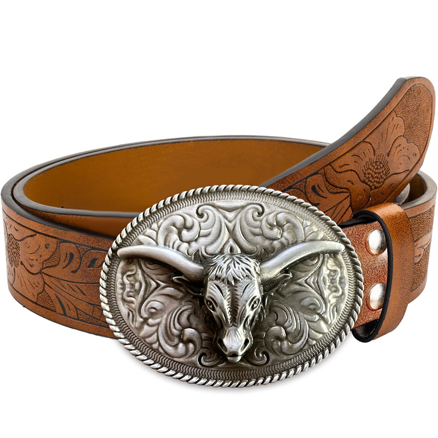 TEMU Western Cowboy Belt Suitable For - Engraved Floral Longhorn Buckle, Western Buckle Belt For Country Music Festival, Riding, Jeans Accessory,