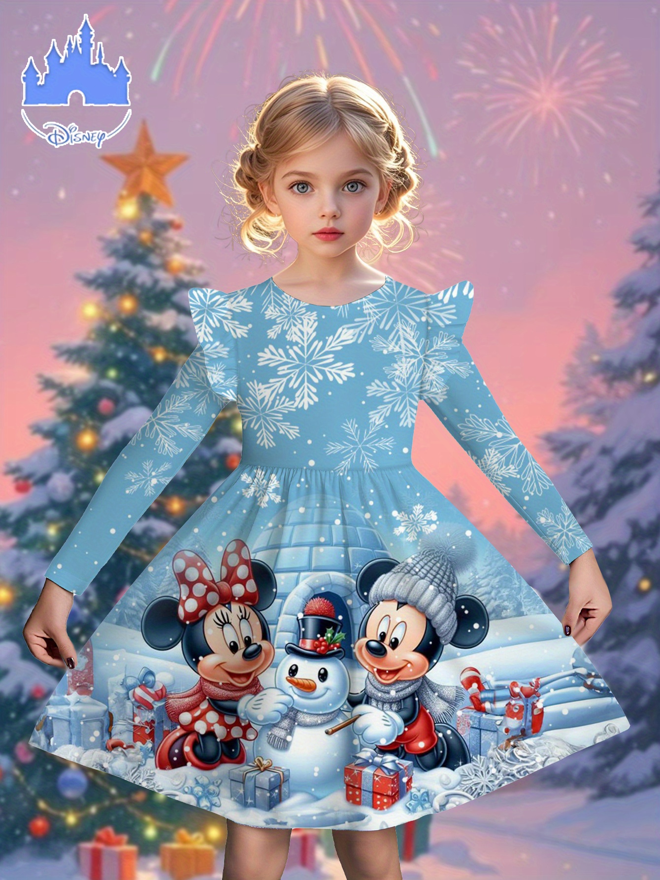 Kerst All-Over Print Mode Fantasy Lente/Herfst Nieuw Vakantiecadeau Meisjes Ruffle Lange Mouw Jurk met Minnie Mickey Print