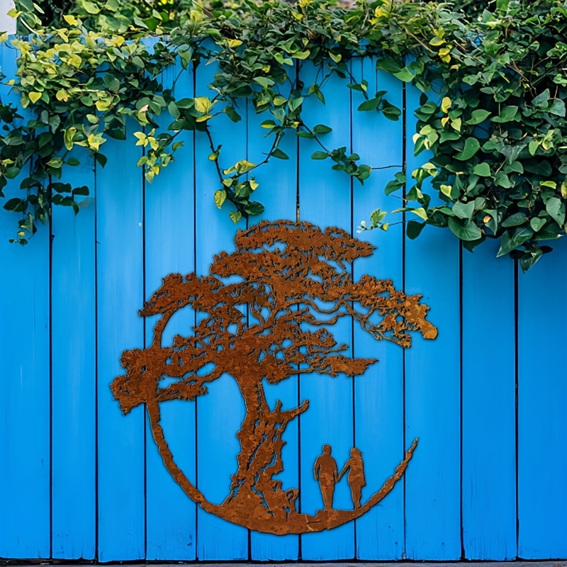 TEMU 1pc Tree Of Life Metal Wall Art Sculpture With Couple - Rustic Metal Tree Of Life Wall Decor, Wall-mounted Iron Artwork Suitable For , Outdoor