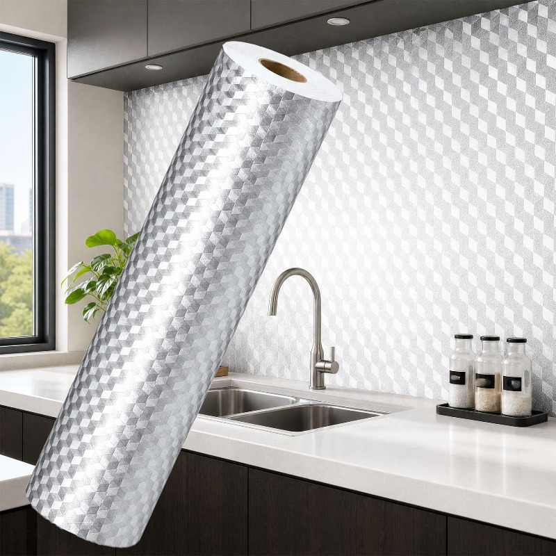 TEMU 1 Roll Stainless Oil-proof Self-adhesive Kitchen Wallpaper Roll, Waterproof Sticker Film For Backsplash Countertop Cabinet Refurbishment