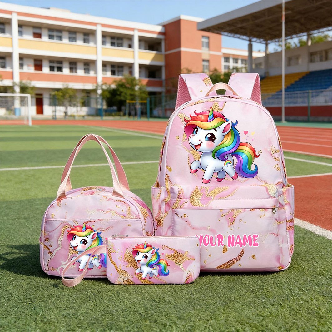 TEMU Personalized Custom Name Backpack Set - Includes Cute Cartoon Unicorn Print Backpack, Lunch Bag, And Pencil Case; Ideal For Back-to-school Or