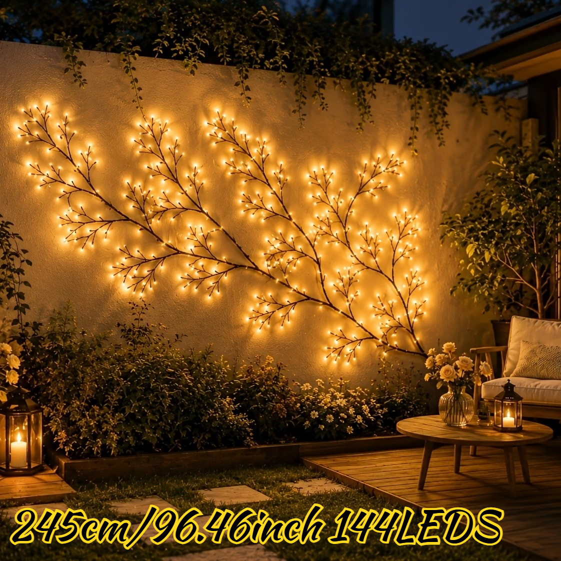 TEMU Luz de pared de enredadera de mimbre de sauce decorativa navideña extralarga de 245 cm/96.46 pulgadas con 144 LED, nueva versión , 8 de de luz