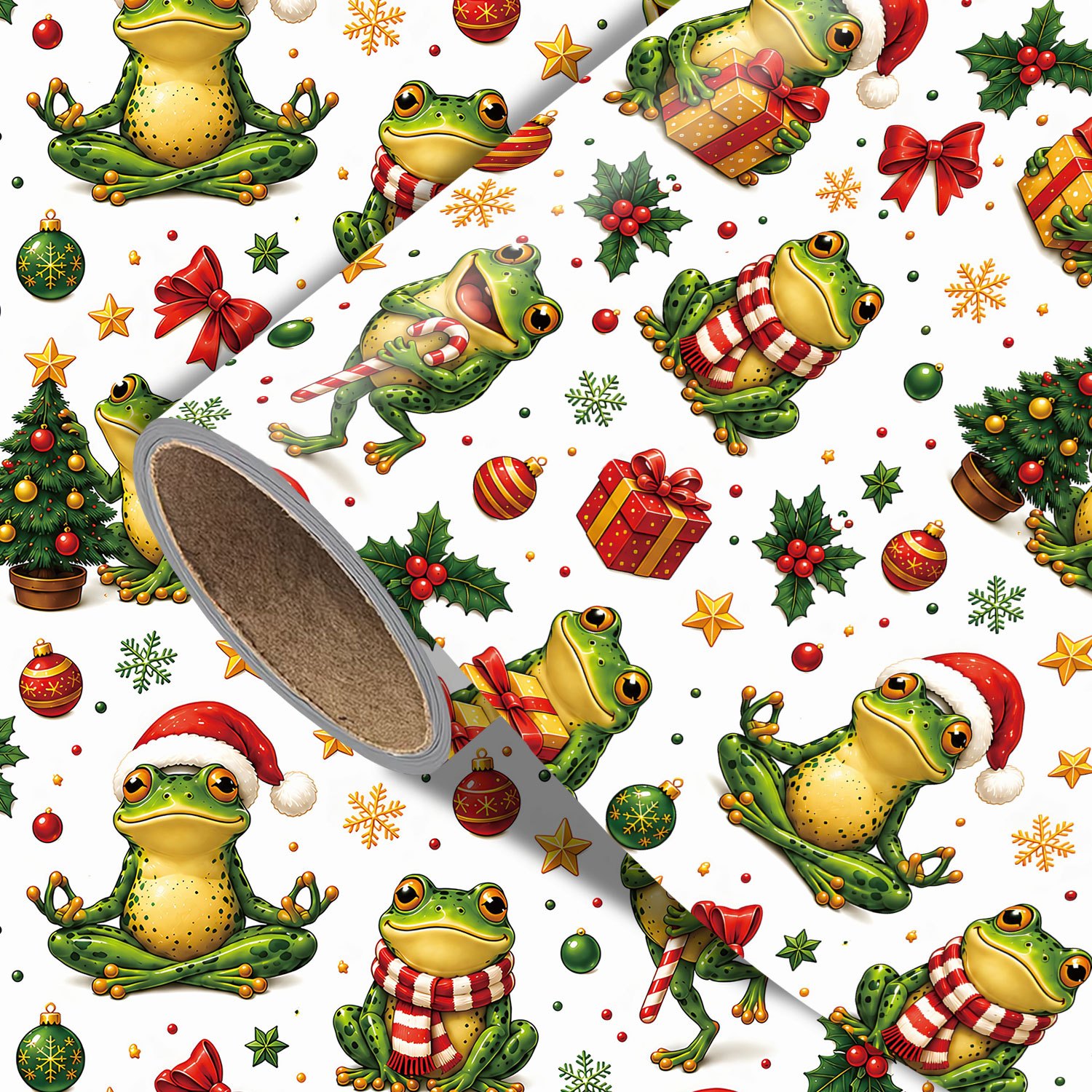 TEMU Rouleau de de Noël à motif grenouilles - 17,7 pouces x 118 pouces, adorable papier d'emballage de fêtes avec animaux, grenouilles Père Noël,
