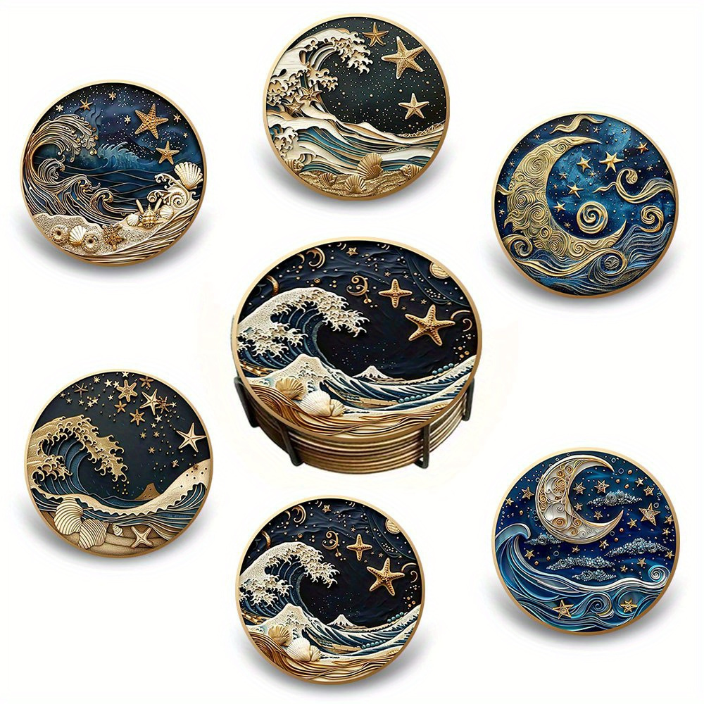 

6pcs Retro Wooden Starry Night Cork Coasters Set, Hand Washable, Holiday Themed For Christmas, Thanksgiving, Valentine's, Father's & Day